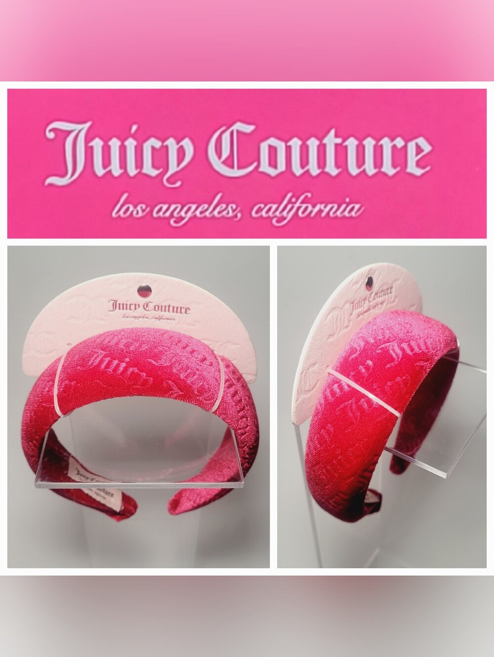Juicy Couture Hot Pink Rose Red Velour Velvet Juicy Embossed Cute Headband NWT
